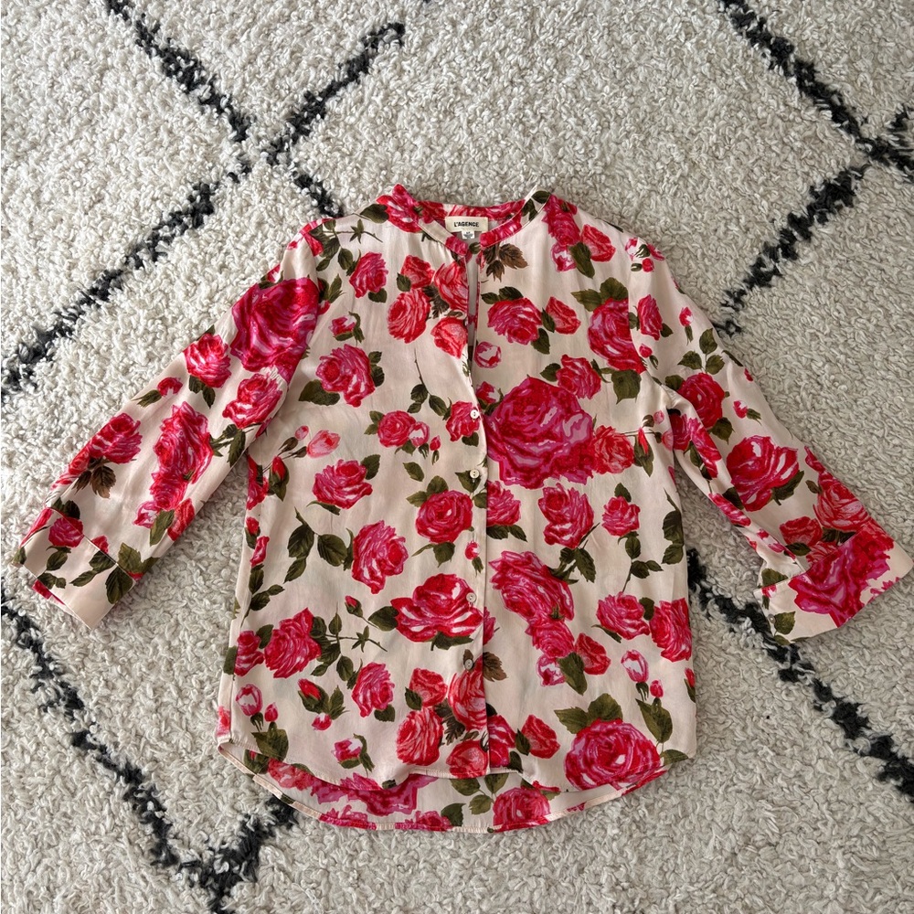 L'AGENCE Floral Button Down Shirt - Red and Cream